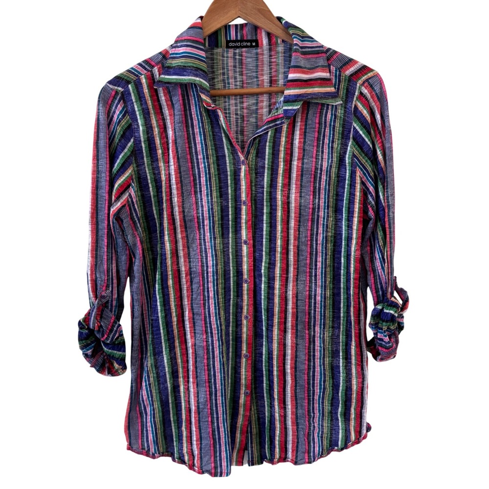David Cline Crushed Snap Front Top M Striped Roll Tab Sleeve Preppy Crinkle